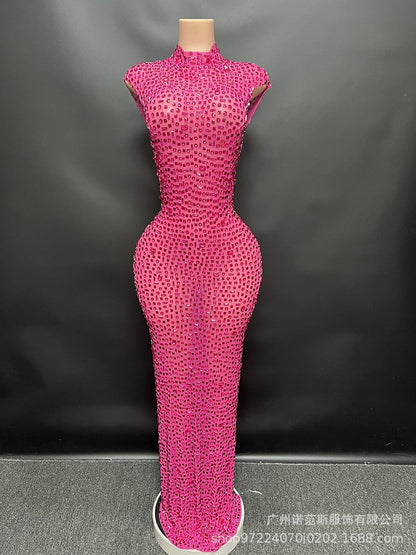 Sexy Full Drill Elastic Slim Fit Sleeveless Long Dress - Hip Wrap, For Host Stage Catwalk & Engagement Evening High-Slit Dresses