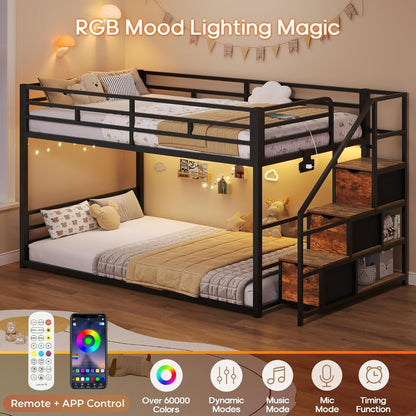 Low Bunk Bed Twin Over Twin with Storage Staircase, Drawers & Shelves, RGB LED Lights Metal Floor Bunk with Power Outlet