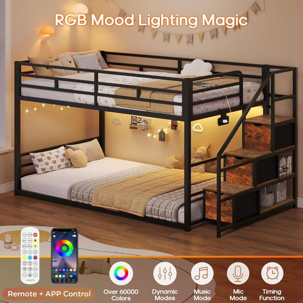 Low Bunk Bed Twin Over Twin with Storage Staircase, Drawers & Shelves, RGB LED Lights Metal Floor Bunk with Power Outlet