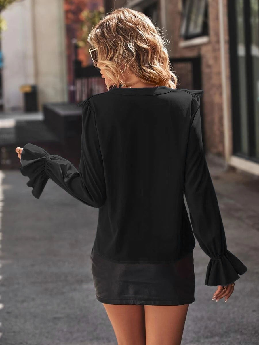 Spring Autumn Fashionable Shirts Solid Color Casual Loose Commuting Style Tops Long Sleeves Ruffled V-neck Bell Sleeves Clothes