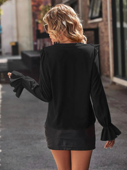 Spring Autumn Fashionable Shirts Solid Color Casual Loose Commuting Style Tops Long Sleeves Ruffled V-neck Bell Sleeves Clothes