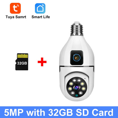 5MP CCTV PTZ WiFi Dual Lens Screen E27 Bulb Camera Tuya Smart Life Security Video Surveillance Camera Ai Human Auto Tracking