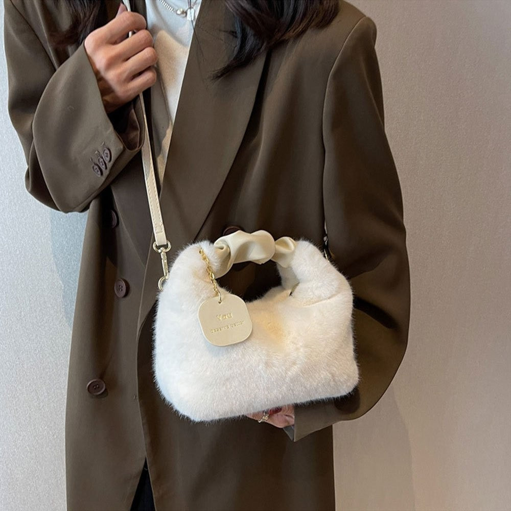 Fashionable Cute Plush Shoulder Bag for Women's Solid Color Soft Fluffy  Handbag Autumn Winter Soft Plush Crossbody Bag