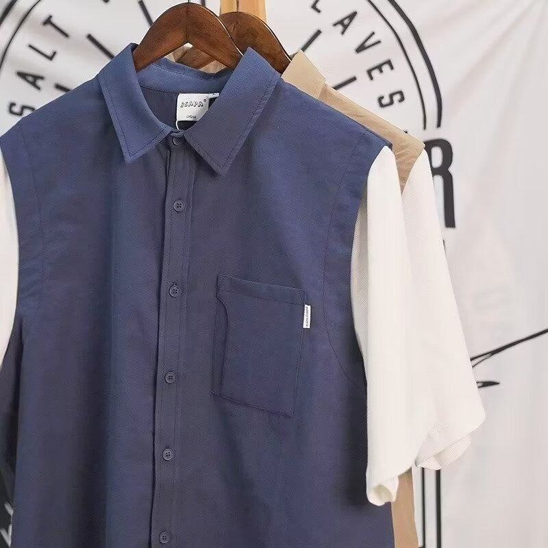 Summer Retro Fake Two-Piece Shirts For Men Casual Patchwork Short Sleeve Cargo Shirt 2025 New Pocket Y2K Streetwear Tee Tops