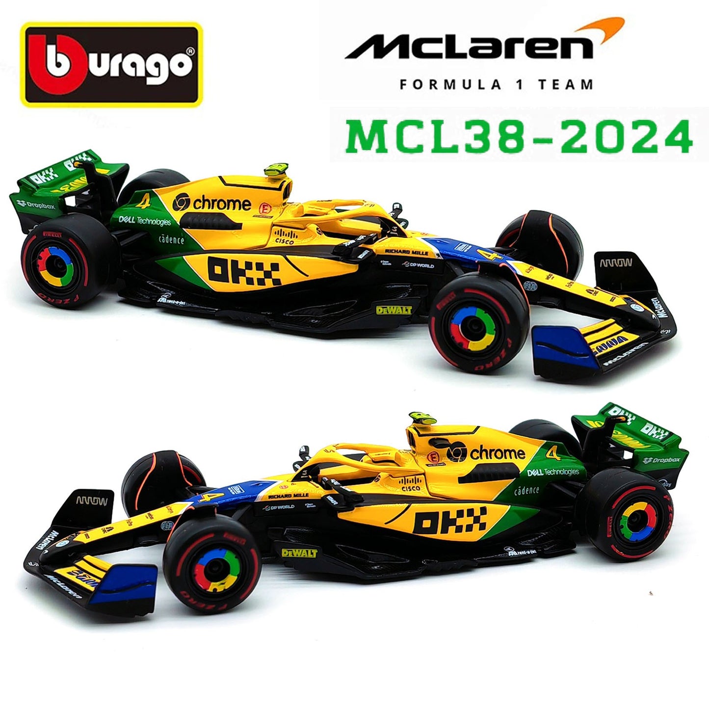 Bburago 1:43 2024 F1 Mclaren MCL38 Grande Prêmio de Mônaco Carro de Liga Miniatura Modelo Diecast #4 Lando Norris #81 Oscar Piastri Brinquedo