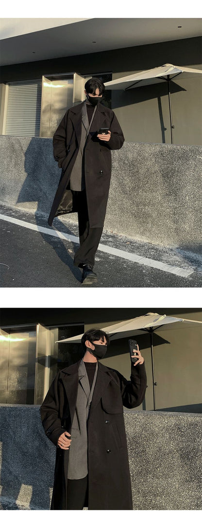 Men's Autumn Winter Mid Length Woolen Coat New Korean Tide Black Thickned Overcoat Long Sleeve Double-breasted Jackets