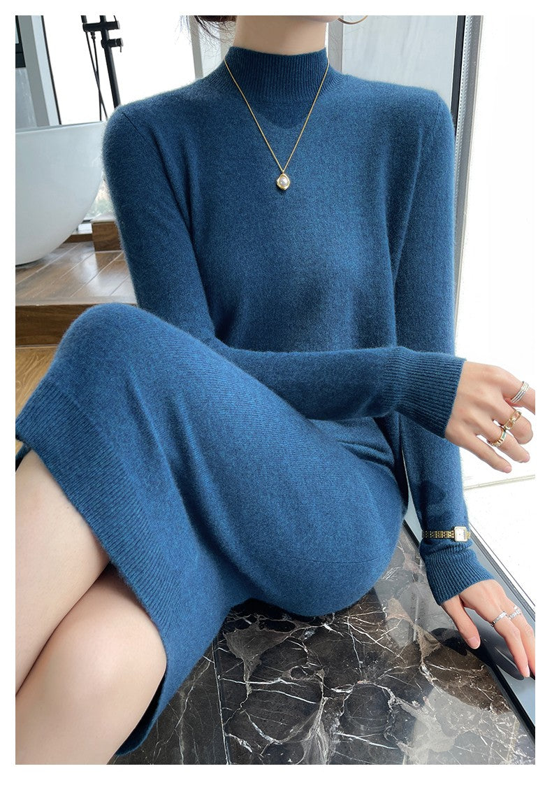 Autumn And Winter 100% Pure Wool Ladies Long Sweater Skirt Semi-High Collar Cashmere Dress Large Knit Bottoming Skirt