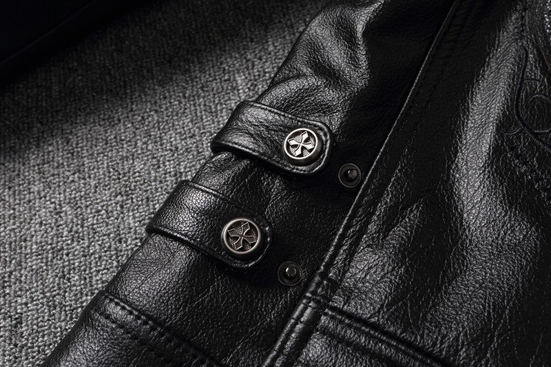Men's Spring Original Leather Motorcycle Jacket 2025 Skull Embroidery Top Layer Cowhide Clothing Slim Fit Black Slim Male Coat