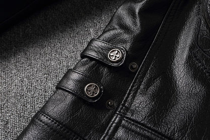 Men's Spring Original Leather Motorcycle Jacket 2025 Skull Embroidery Top Layer Cowhide Clothing Slim Fit Black Slim Male Coat