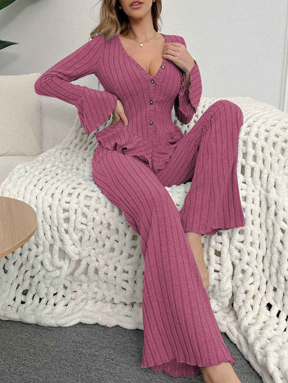 Home Wear Sexy V-neck Fashionable Length Pants Set Autumn Winter Comfortable Casual Slim Fit Women Two-piece Set pajama