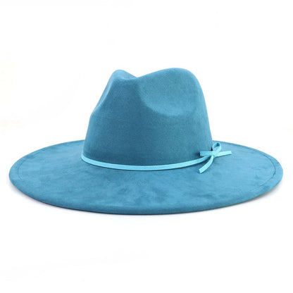 Suede fedora hat with same color accessories teardrop top wide brim hat for men and women Panama hat chapeau homme   sombrero