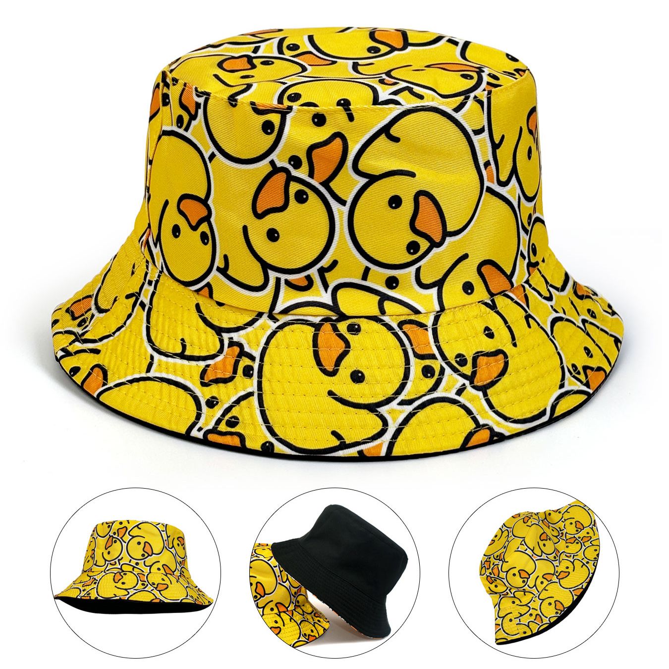 Fashionable Full-Print Duck Casual Bucket Hat, Cartoon Print Pattern Hat, Reversible Foldable Lightweight Design Flat-Top Hat, Unisex Casual Sun Hat, Suitable for Beach Vacations and Outdoor Leisure Activities