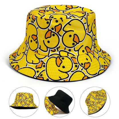 Fashionable Full-Print Duck Casual Bucket Hat, Cartoon Print Pattern Hat, Reversible Foldable Lightweight Design Flat-Top Hat, Unisex Casual Sun Hat, Suitable for Beach Vacations and Outdoor Leisure Activities