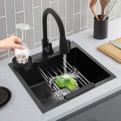 Kitchen Sink w/ Pull-Out Faucet & Drain Basket,  50*45cm Black Stainless Steel Single Bowl Sink Kit