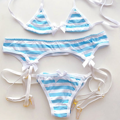 2025 Striped Halter Micro Bikini Set Lolita Kawaii Swimsuit Backless String Tied Bathing Suit