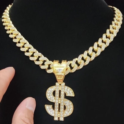 Colar com pingente de dólar hip-hop para homens e mulheres com corrente cubana de 13 mm, pingentes hip-hop cravejados, colares de joias modernas punk, presentes