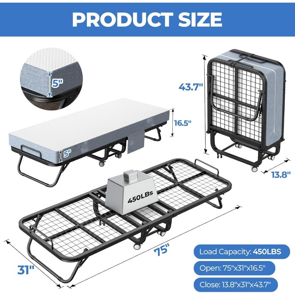 75 x 31 Folding Bed with Mattress, Portable Guest Beds with 5 Memory Foam Mattress, Foldable Sturdy Metal Frame Single Bed