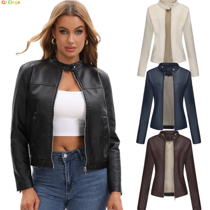Black Women's Fitted Leather Jacket with Front Zipper & Side Pockets?, Available in Brown, Navy Blue, and Beige.