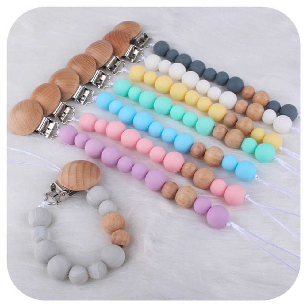 2023 New Baby Wood Beaded Pacifier Clip Silicone Chain Nipple Holder Infant Soother Teether