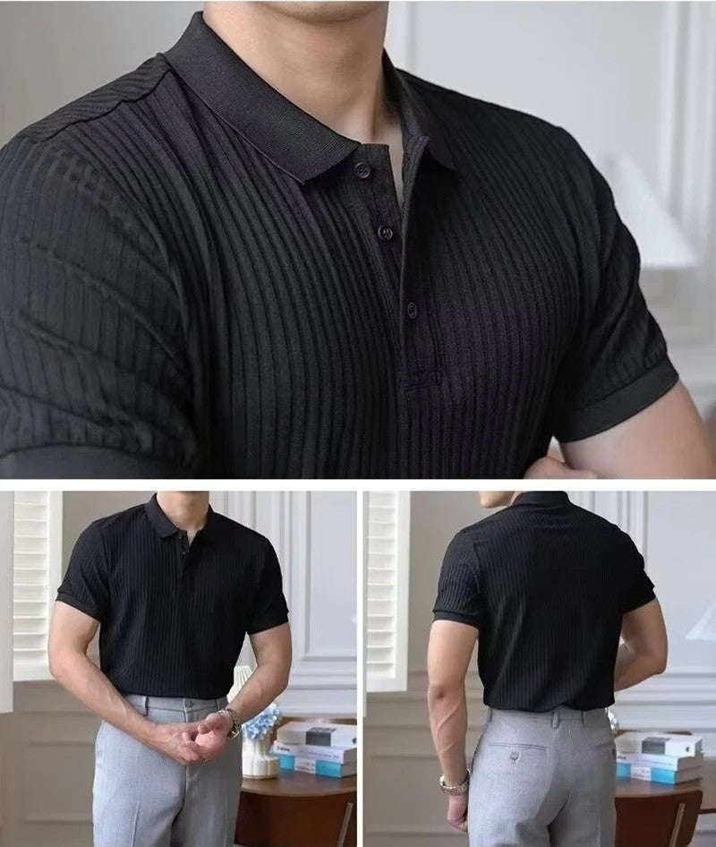 New Vertical Stripe Knit Polo Men's Shirts Summer Slim Solid Color Breathable Turn-Down Collar Business Short Sleeve Polo Tops