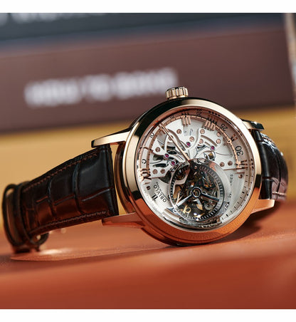 OBLVLO Luxury Retro Casual Men Skeleton Automatic Watches Mechanical Calfskin Strap Mineral Crystal Glass Waterproof Dial 45 VM