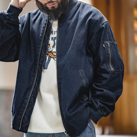 Maden Retro MA-1 Flight 8.9oz Denim Jacket Baseball Collar Bomber Jackets Casual Denim Coats for Men's Versatile Autumn Clothing