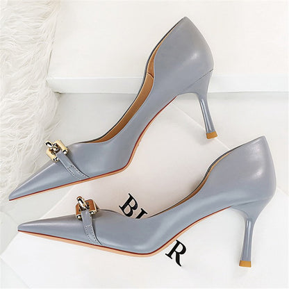 Women 7cm High Heels Pumps Lady Scarpins Fetish Nightclub Blue Nude Low Heels Wedding Party Metal Chain Buckle Fetish Prom Shoes