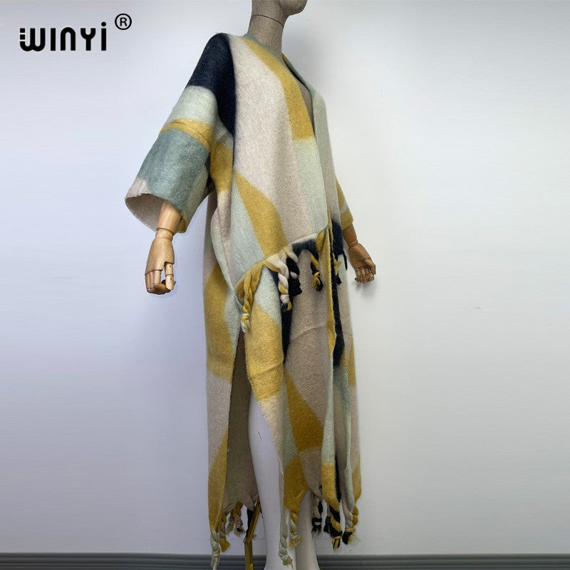 2022 WINYI Winter Women tassel Cardigan coat Loose Christmas dress robe longue Thick Warm free size Middle East Female Kaftan