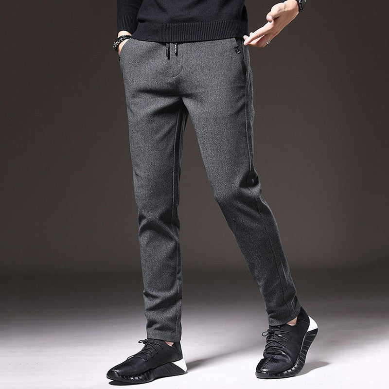 Autumn Winter Men Thermal Office Pants Straight Narrow Leg Classic Casual Pants Drawstring Tie Up Design Thicken Fleece Trousers