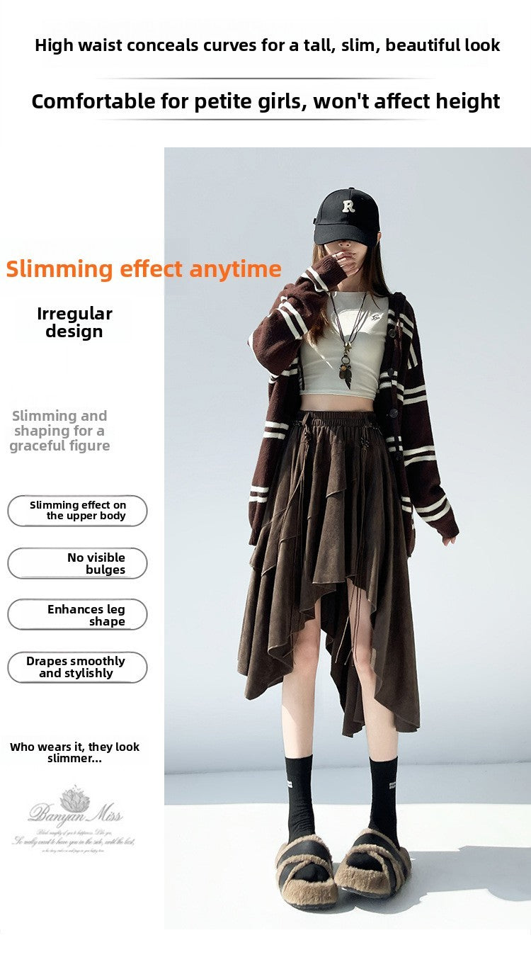 Caramel Suede Half-length Skirt Women's Autumn Winter New Irregular Belt Slim A- Line Midi Umbrella Skirt Comfortable Casual S .