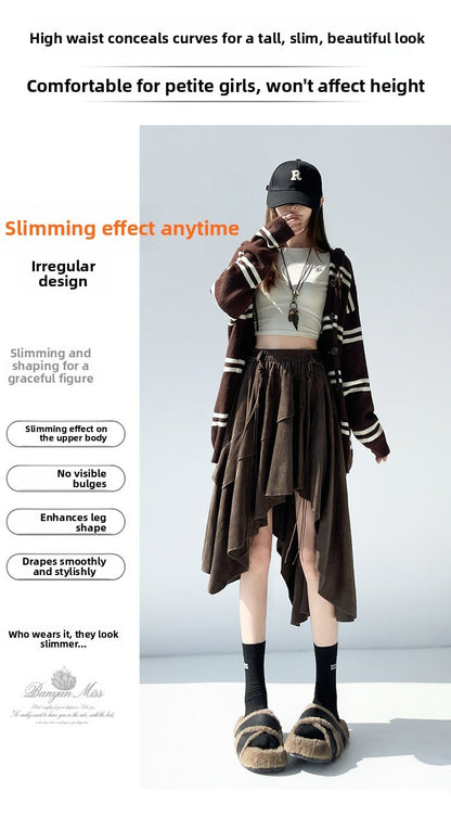 Caramel Suede Half-length Skirt Women's Autumn Winter New Irregular Belt Slim A- Line Midi Umbrella Skirt Comfortable Casual S .