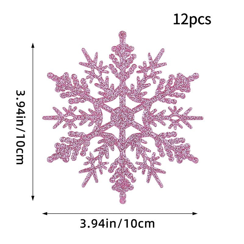 12PCS Pink Glitter Plastic Snowflake Decorations 10cm Christmas Tree Hollow Snowflake Pendants New Year Party Festival Supplies