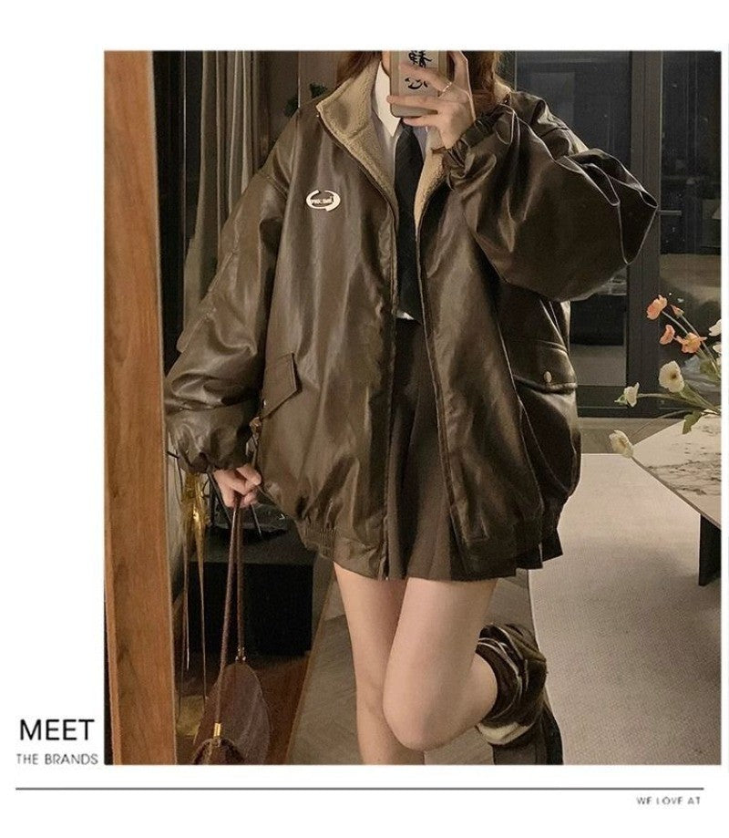 Maillard Fashion PU Leather Jacket With Lambswool Coat Both Sides Female Y2K Winter New Velvet Locomotive Cotton-padded Jacket