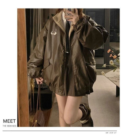 Maillard Fashion PU Leather Jacket With Lambswool Coat Both Sides Female Y2K Winter New Velvet Locomotive Cotton-padded Jacket
