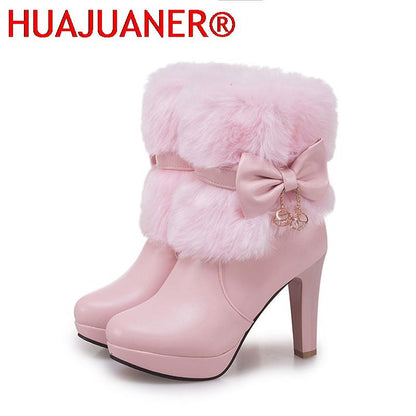 2025 New Fashion Womens Winter High Heel Boots Pink White Black Fur Tassel Bowtie Lovely Lolita Ladies Party Wedding Shoes