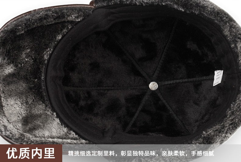 High Quality Genuine Leather Hats Winter First Layer Cowhide Warm Earmuffs Bomber Caps Plus Velvet Thicken Man Bone Caps Dad Hat