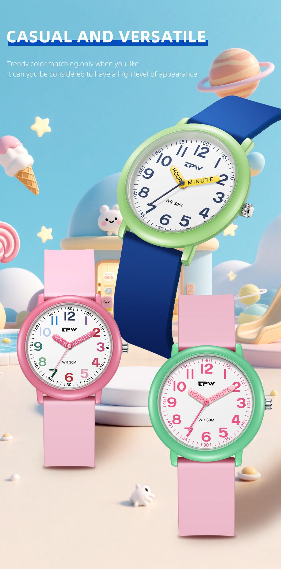 TPW Learning Watch Colorful Dial Cute Watch For Young Ladies Rubber Strap Luminous Hands