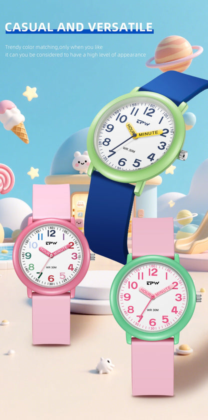 TPW Learning Watch Colorful Dial Cute Watch For Young Ladies Rubber Strap Luminous Hands