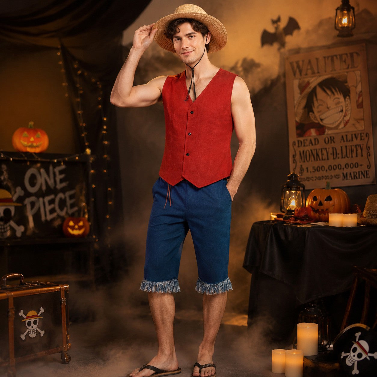 Monkey D Luffy Cosplay Costume for Men Adult Anime Outfit Halloween Party Red Vest Shorts Straw Hat Rope Set