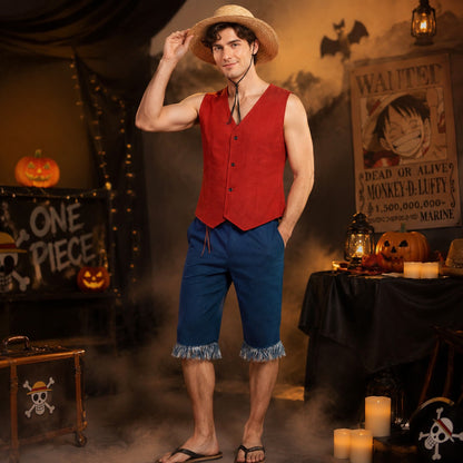 Monkey D Luffy Cosplay Costume for Men Adult Anime Outfit Halloween Party Red Vest Shorts Straw Hat Rope Set
