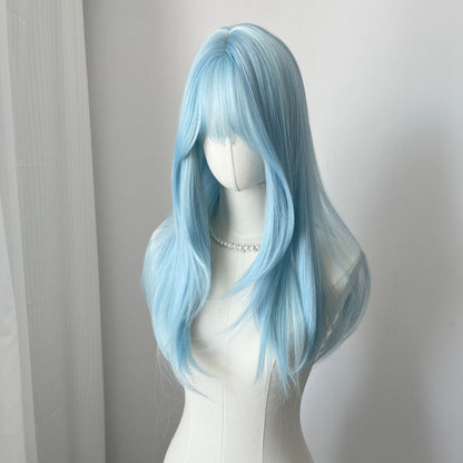 Lce Blue Wig with Bangs 22inch Middle Straight Hair Wig Lolita Nature Looking Headband Heat Resistant Fibers Synthetic Wigs ??