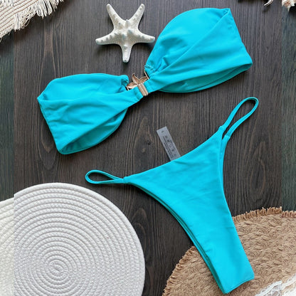 Para Praia 2025 Sexy Push Up Bikini Women Swimwear Metal Starfish Bandeau Thong Bikini Brazilian Swimsuit Female Bathing Suit