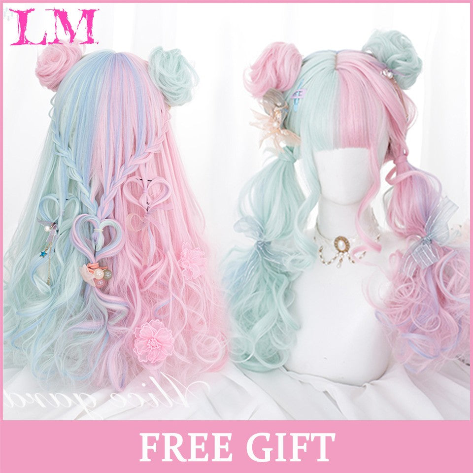 LM Medium Length Pink Cosplay Wig Heat Resistant Costume Party Synthetic Wigs 2 Clip On Ponytail 7 Colors