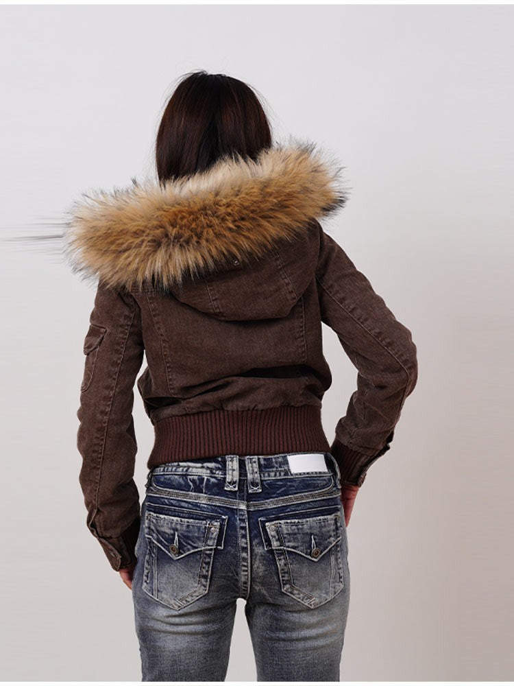 Vintage Brown Short Hooded Jacket Women's Full Sleeve Slim Detachable Fur Collar 2025 NEW Winter  Autumn Female Outerwear