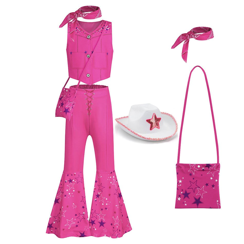 Halloween Hot Movie Margot Robbie Cosplay Baby Pink Plaid Sleeveless Slim Strap Dress Western Cowboy Outfit Full Set