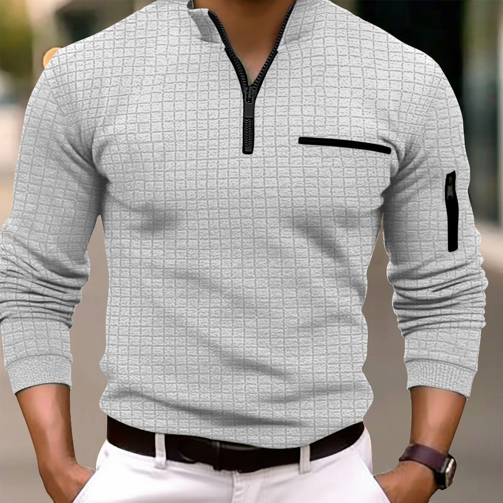 Europe and the United States men's sports casual shirt long sleeve checkerboard checkered POLO shirt slim arm zipper polo shirt