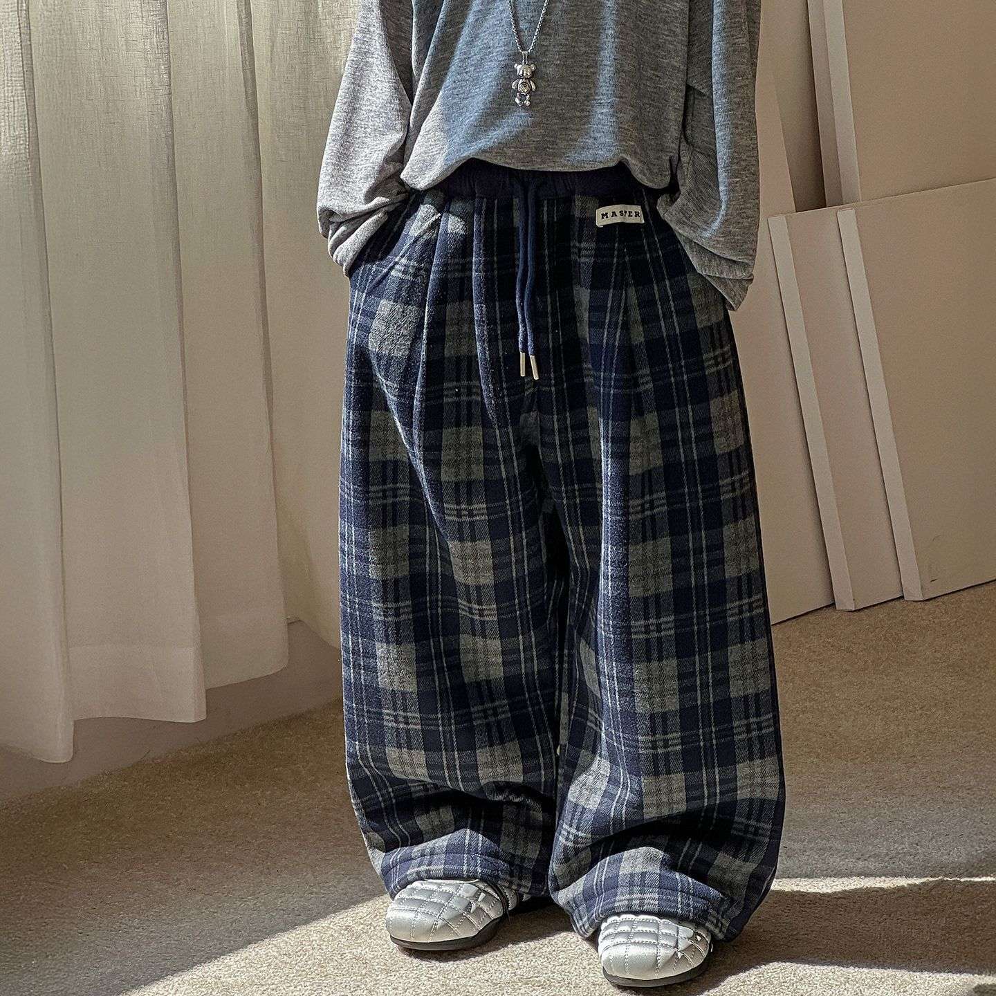 2025 Autumn Winter Cotton Boys Casual Pants Children Fleece-Lined Kids Plaid Loose Long Trouser Soft Warm 3-12 Years Outfit