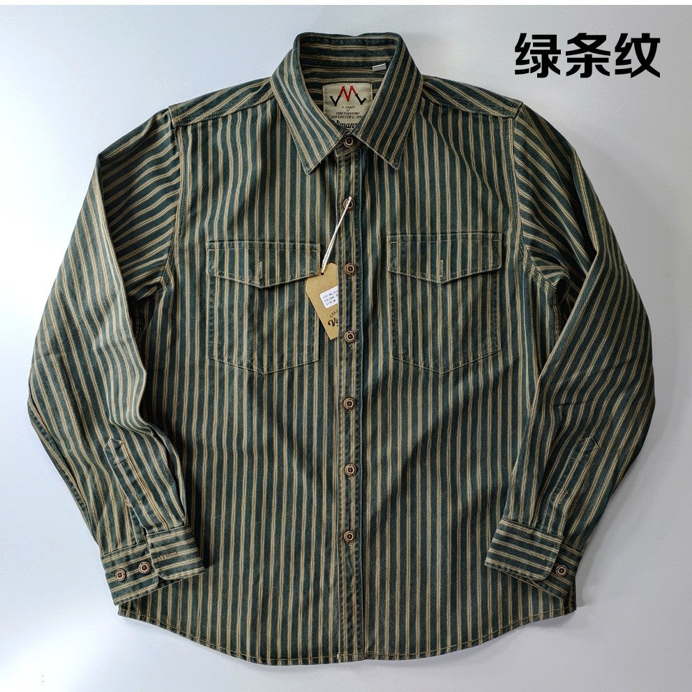 2025 Spring and Autumn New American Retro Woven Striped Cargo Shirt Men's Simple 100% Cotton Washed Double Pockets Thin Jacket