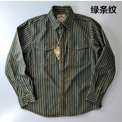 2025 Spring and Autumn New American Retro Woven Striped Cargo Shirt Men's Simple 100% Cotton Washed Double Pockets Thin Jacket