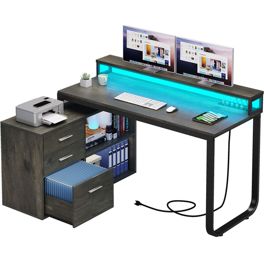 Mesa de computador para jogos em L com gavetas para arquivos para escritório em casa